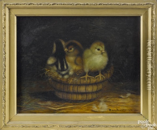 Three Chicks In A Rye Straw Basket Oil Painting - Ben Austrian