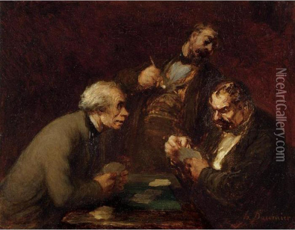 Joueurs Des Cartes Oil Painting - Honore Daumier