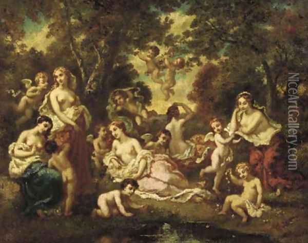 Nymphs and Putti in an Arcadian Landscape Oil Painting - Narcisse-Virgile Diaz de la Pena