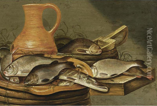 A Still Life With A Pike And Other Fish On A Strainer, With An Earthenware Jug, Fish And Other Kitchen Utensils, All On A Wooden Ledge Oil Painting - Johannes Kuveenis I