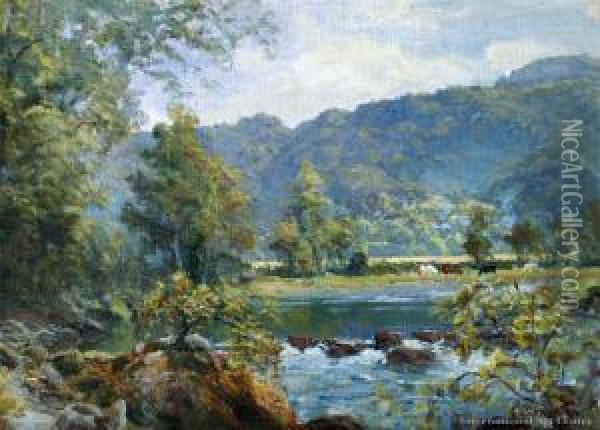 Cattle Wading From A Stream Oil Painting - Charles Henry Howorth
