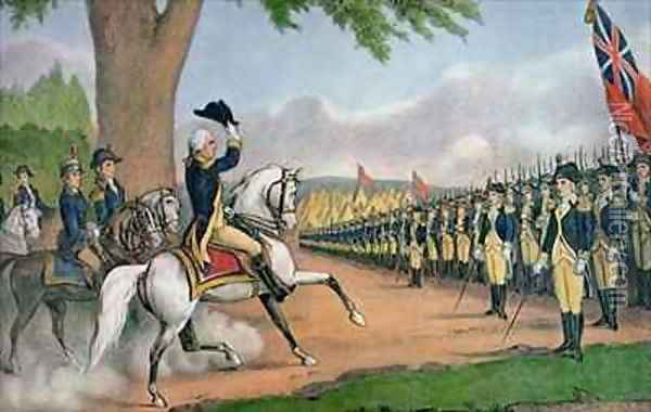 George Washington 1732-99 taking command of the American Army at Cambridge Massachusetts Oil Painting - Currier