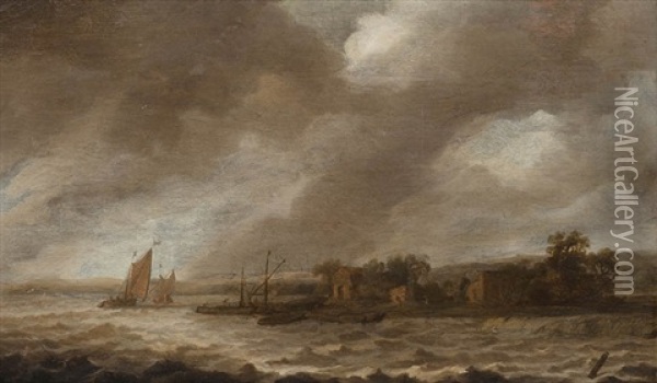 Segelschiffe Am Fluss Beim Aufziehenden Gewitter Oil Painting - Allaert van Everdingen