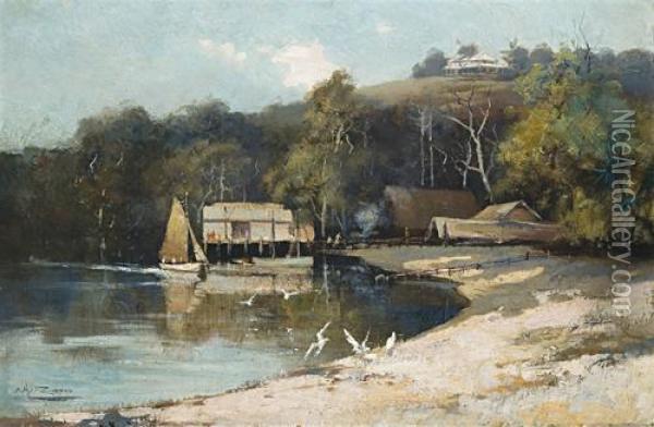 Cove Scene With Boat Houses Oil Painting - Albert Henry Fullwood