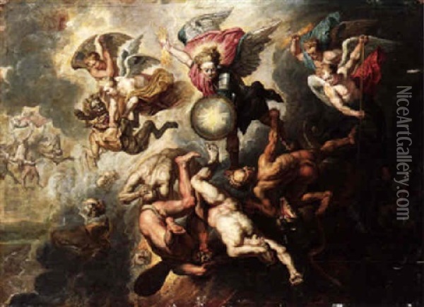 The Archangel Michael Triumphing Over Evil Oil Painting - Willem van Herp the Elder