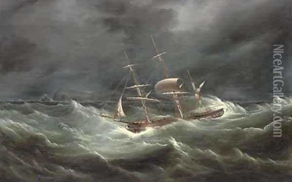 The barque Vere in heavy seas in a night gale off the South Stack lighthouse, Anglesey Oil Painting - Samuel Walters