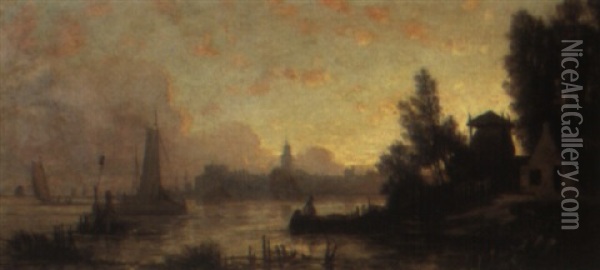 A River Landscape With Sailing Vessels Oil Painting - Adolf Heinrich Lier