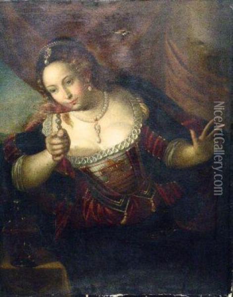 Woman With Wine Glass Oil Painting - Tiziano Vecellio (Titian)