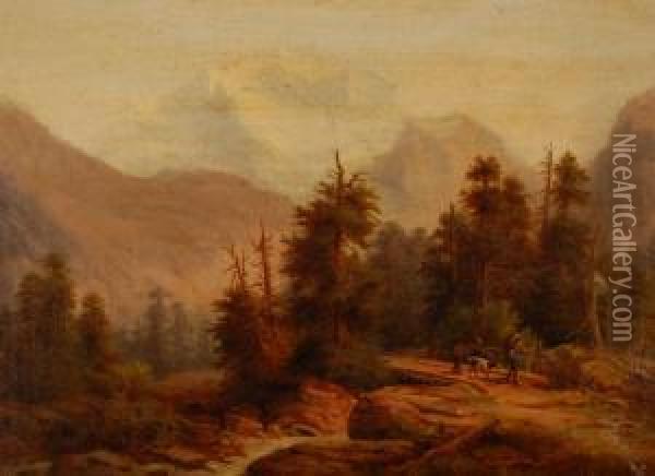 Men Inextensive Mountain Landscape Supposedly Yosemite Oil Painting - Thomas Hill