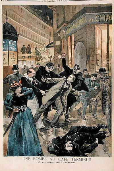 A Bomb at the Cafe Terminus, the Arrest of the Assassin, illustration from Le Petit Journal, 26th February 1894 Oil Painting - Oswaldo Tofani