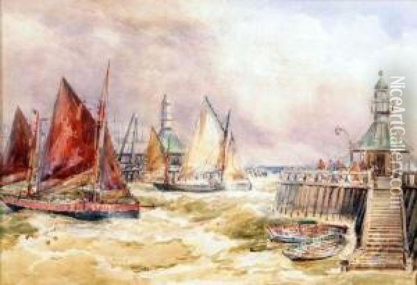 Shipping At Lowestoft Harbour Oil Painting - Robert Ernest Roe