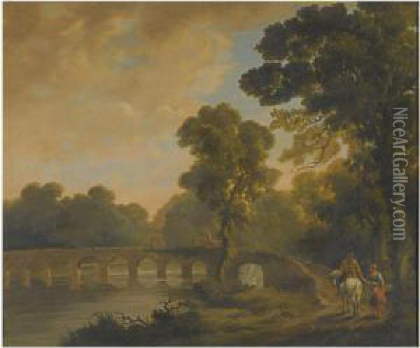 Travellers On A Bridge, In A River Landscape Oil Painting - George Cuitt