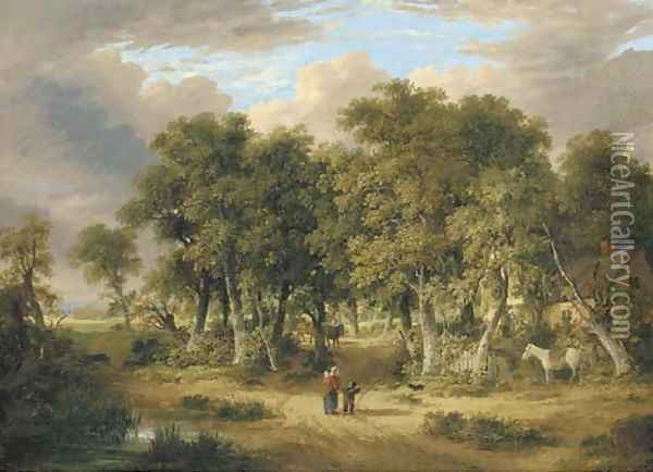 A wooded landscape with figures on a track, a cottage beyond Oil Painting - James Stark