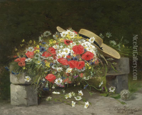Still Life Of Wild Flowers And A Garden Hat Oil Painting - Elisa Antoinette Georget