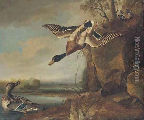 Mallard and chaffinches in a river landscape Oil Painting - Francis Barlow