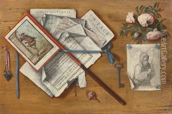 Trompe L'oeil Still Life With Letters And Other Objects On A Board Oil Painting - Antonio Cioci