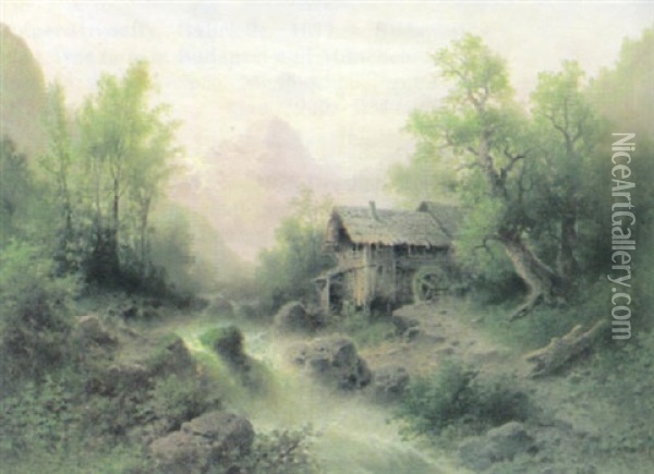 Gebirgslandschaft Mit Wasserfall Und Alter Muhle An Einem Spatsommertag Oil Painting - Albert Rieger