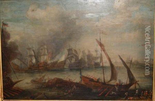 Combat Maritime Oil Painting - Jean-Baptiste De La Rose