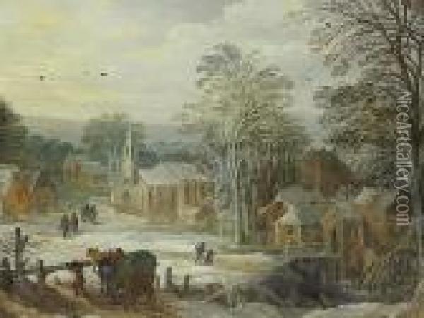 A Winter Landscape With Travellers Arriving At A Town Oil Painting - Joos De Momper
