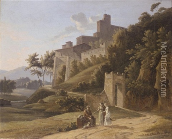 An Italianate Landscape With Two Young Ladies Giving Alms To An Old Man Oil Painting - Alexandre Hyacinthe Dunouy