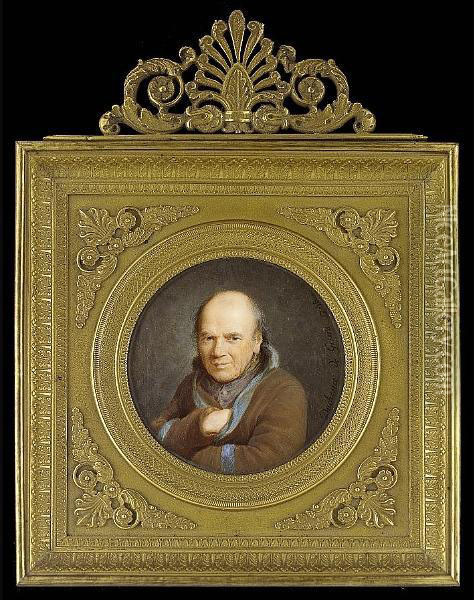Jean-baptiste Duchesne, The Artist's Father, Wearing Brown Overcoat With Blue Trim, Over Mauve Jacket, His Right Hand Tucked Inside His Coat Oil Painting - Jean-Francois Chaponniere