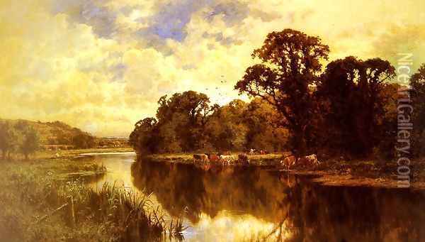 Cattle Watering on a Riverbank Oil Painting - Henry Hillier Parker