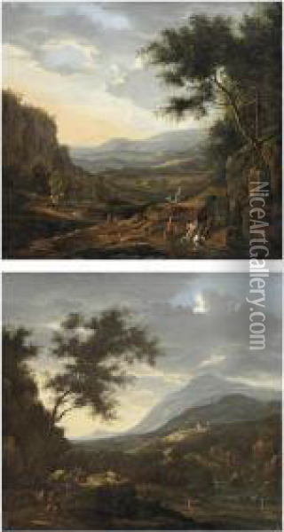 A Mountainous Landscape With Horseman On A Track At Sunset Oil Painting - Willem Van Bemmel