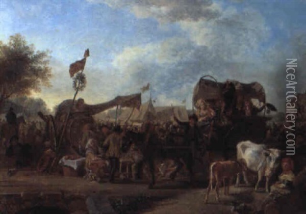Numerous Figures Gathering At A Country Fair Oil Painting - Jean-Louis Demarne