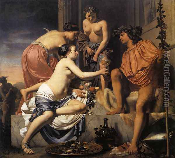 Nymphs Offering the Young Bacchus Wine, Fruit and Flowers 1670-78 Oil Painting - Caesar Van Everdingen