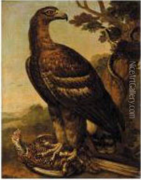 A Golden Eagle With A Pheasant In Its Talons, A Snake Coiled Around A Tree Nearby Oil Painting - Ferdinand Phillip de Hamilton