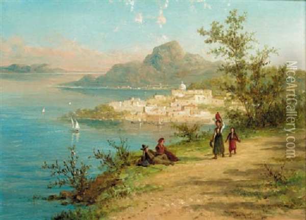 Figures On A Continental Coastal Path (ibiza?) Oil Painting - William Raymond Dommersen