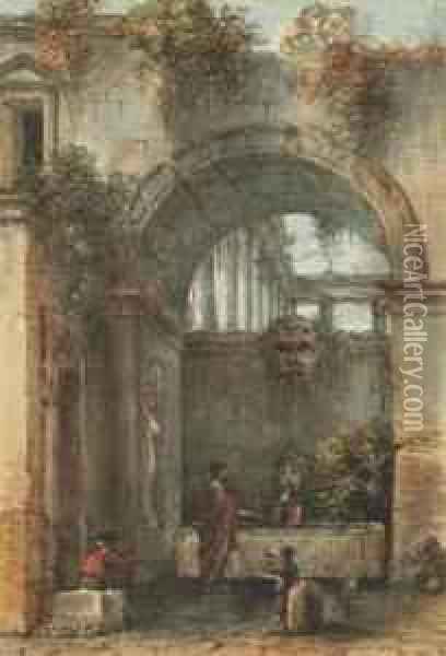 Figures By A Fountain Under A Roman Arch Oil Painting - Victor-Jean Nicolle