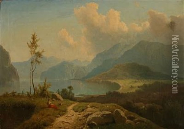 View From Konigssee With St. Bartholomew's Church Near The Coast Oil Painting - Adolf Chwala