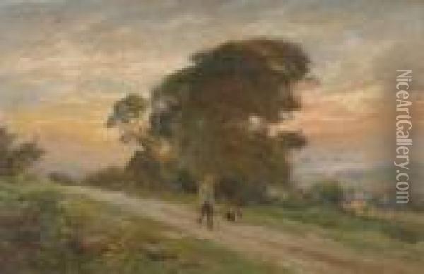 A Man And His Dog On A Countrylane At Sunset Oil Painting - William Greaves
