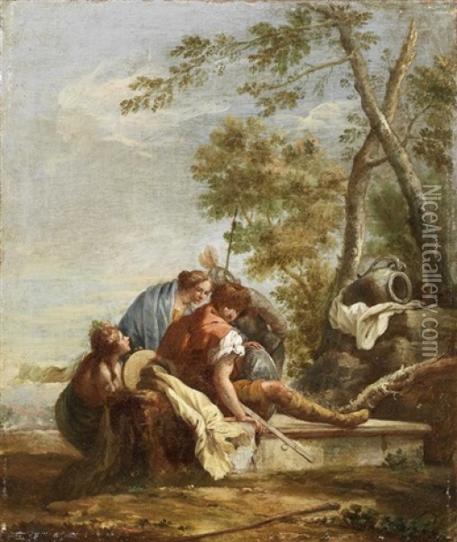 Figures Resting Before A Tree Oil Painting - Francesco Salvator Fontebasso