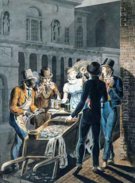 Nightlife in Philadelphia - an Oyster Barrow in front of the Chestnut Street Theater Oil Painting - John Lewis Krimmel
