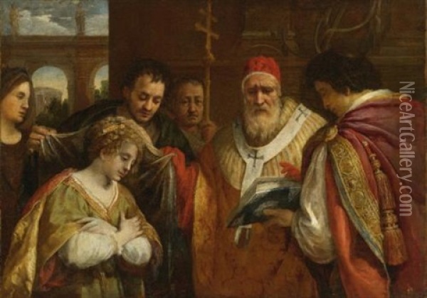 Saint Domitilla Receiving The Veil From Pope Clement I Oil Painting - Pietro da Cortona