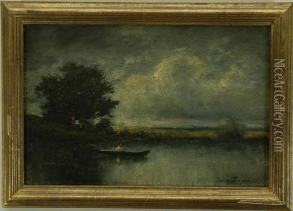 Dupre: Landscape With Figure In Boat Oil Painting - Jules Dupre