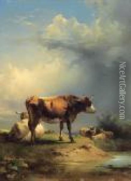 Vacche E Pecore Attorno A Una Pozza Oil Painting - Friedrich Gauermann