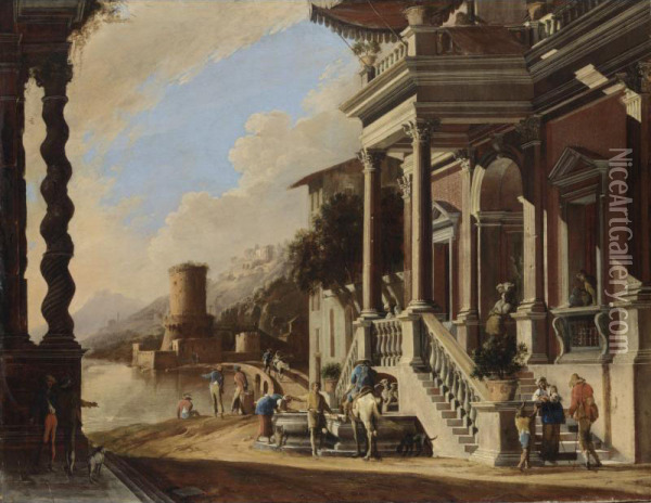 Veduta Costiera Con Ingresso Di Palazzo Oil Painting - Codazzi Viviano & Gargiulo Domenico