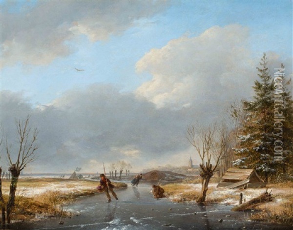 Winter Landscape With Skaters And A Koek-en-zopie Stand Oil Painting - Andreas Schelfhout