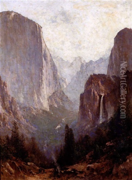 Yosemite Valley (incl. Pen And Ink Sketch, 1886, Letters & Artist's Card) Oil Painting - Thomas Hill