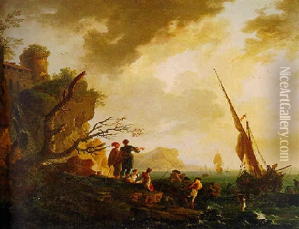 A Mediterranean Seascape With Fishermen And Other Figures By A Rocky Shoreline Oil Painting - Charles Francois Lacroix