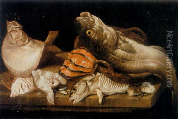 A Still Life Of Plaice, Salmon, Oysters And Other Fish, All On A Ledge Oil Painting - Isaac Van Duynen