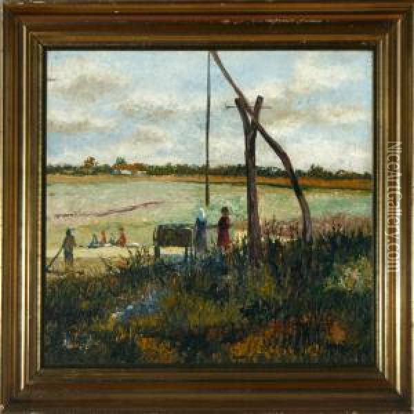 Harvest Scenery. Signed Ch. Moser Oil Painting - Christian Moser