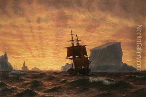 Evening Seascape From Greenland With A Sailing Ship On The Ocean Oil Painting - Carl (Jens Erik C.) Rasmussen