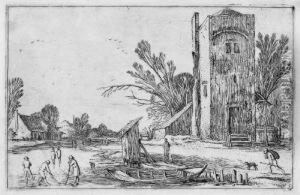 Zugefrorener Fluss Zur Linken Eines Viereckigen Turmes Oil Painting - Esaias Van De Velde