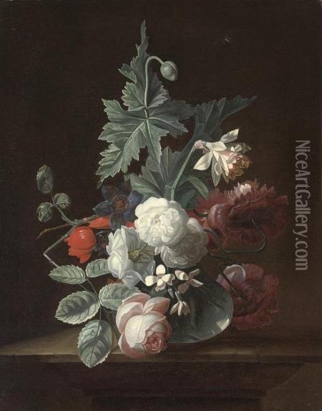 Roses, An Anemone, Jasmine, Poppies And A Narcissus In A Glass Vase On A Stone Ledge Oil Painting - Pieter Harmensz Verelst