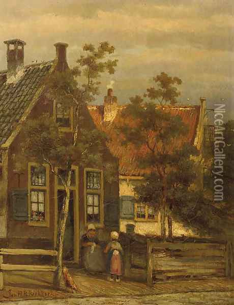 Dutch street scene with mother and child Oil Painting - Johannes Hermanus Koekkoek