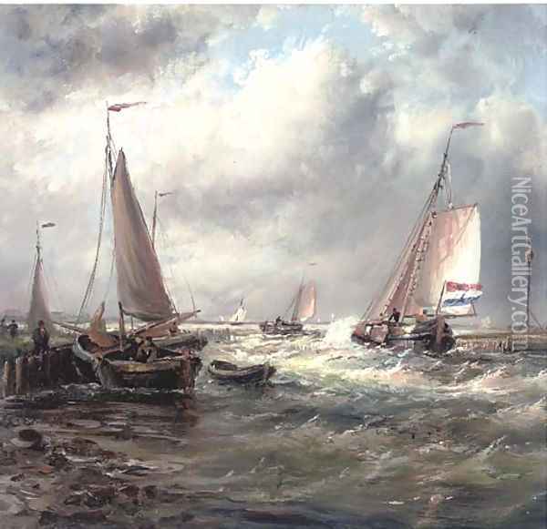 A stiff breeze at the harbour mouth Oil Painting - Abraham Snr Hulk